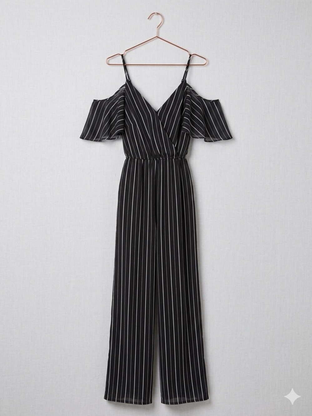 Black Pinstripe Cold-Shoulder Jumpsuit